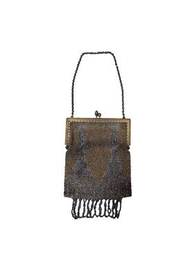 Vtg 1920s Art Deco Gold Metal Glass Beaded Evening Bag Chain Purse Fringe READ